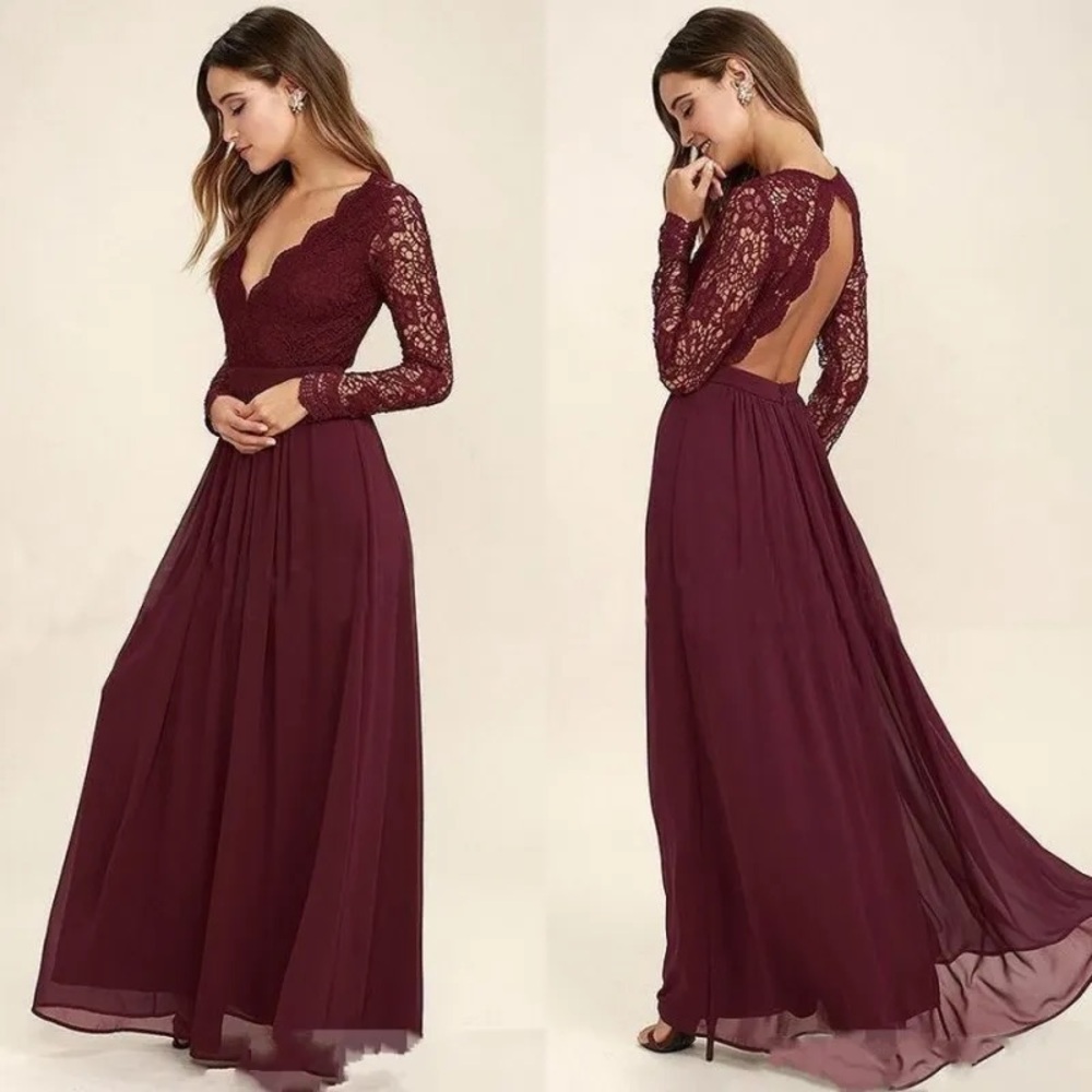 Lulus Long Sleeve Lace Maxi Dress - Size M - Burgundy